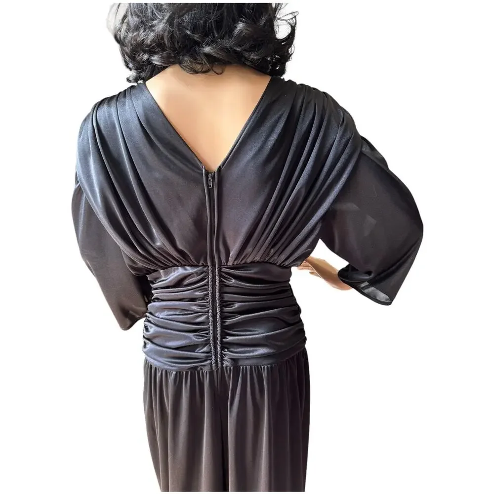 Vintage 1980s Abby Kent Black Beaded Sequin Ruched Jumpsuit Made USA Small